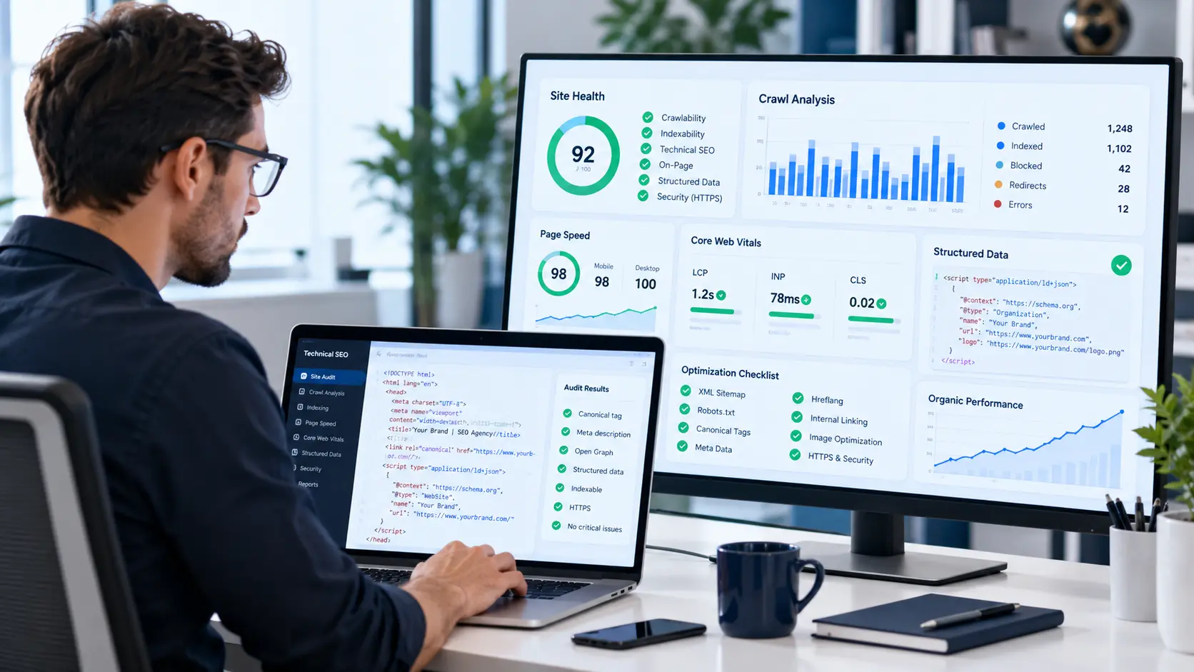 Technical SEO audit and website health dashboards